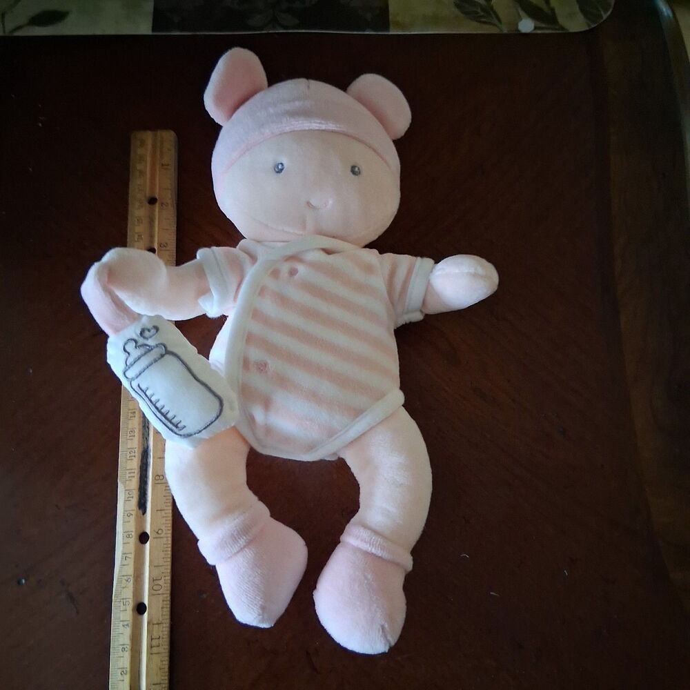JoLijou Paris Newborn Soft Body Baby Plush Doll Lovey Pink Striped W/ Bottle
